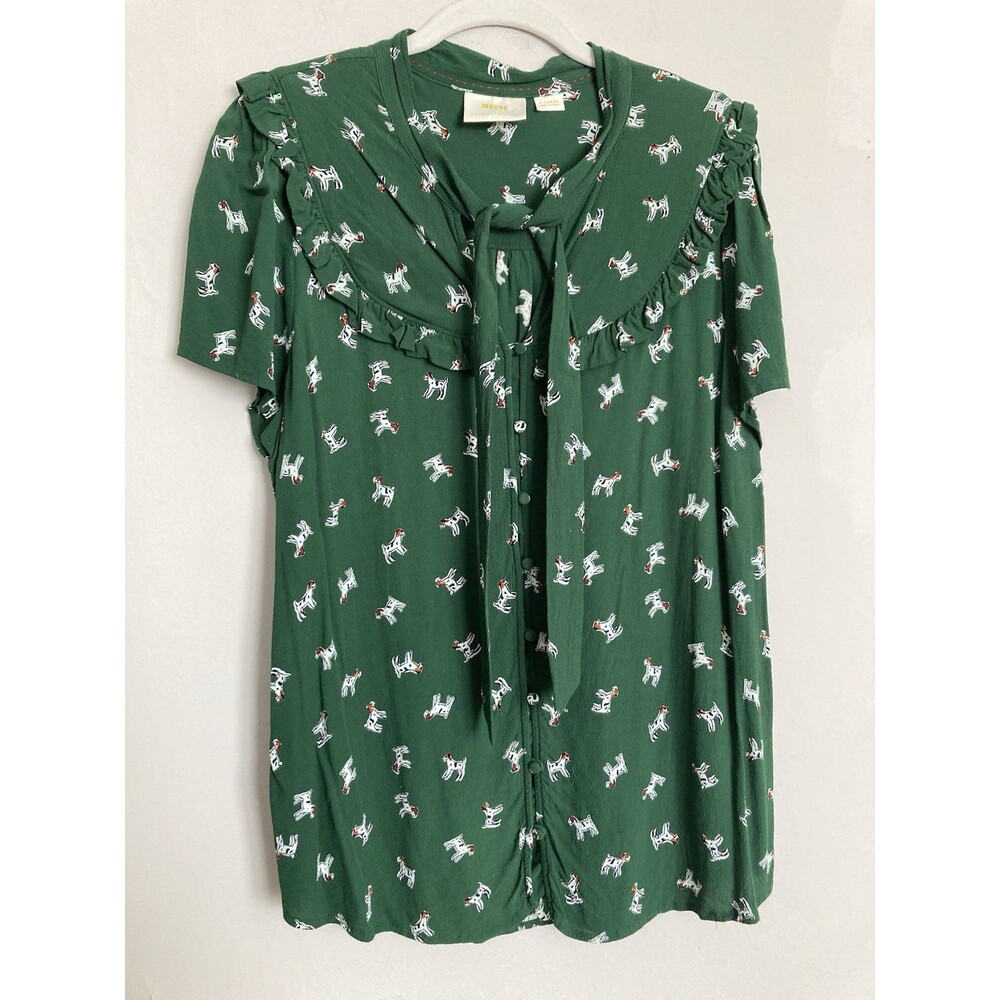 Maeve Anthropologie Dog Print Blouse XL Green Short Sleeve Indie Boho